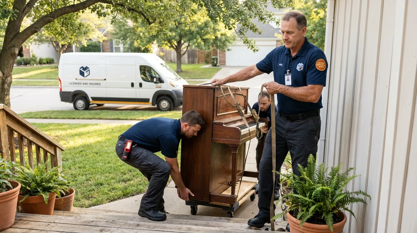 Licensed piano movers securing grand piano in Vicksburg, MI