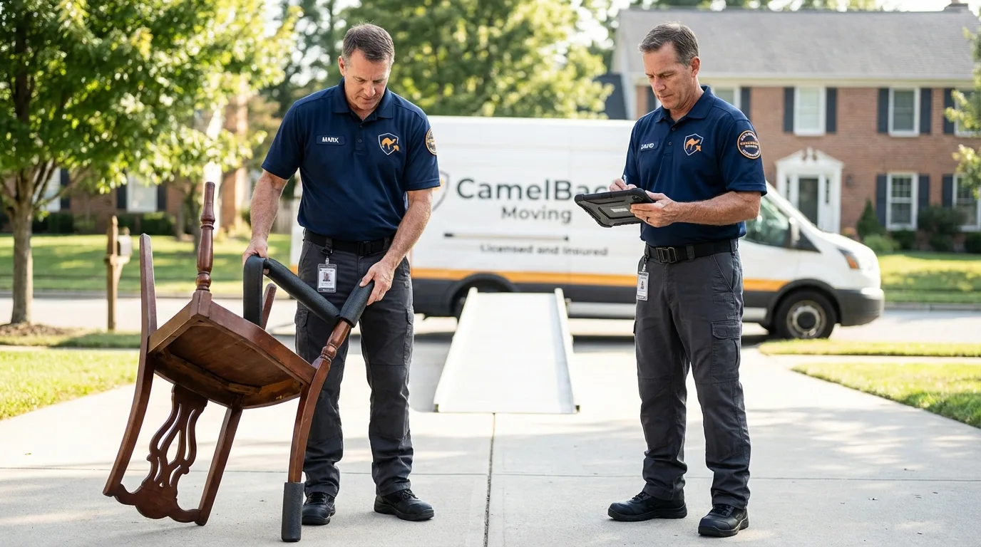 Movers inspecting furniture for damage prevention before loading in Vicksburg, MI