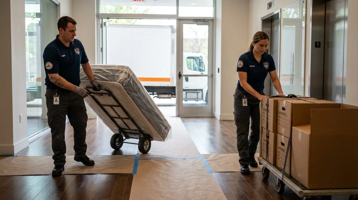 Professional apartment movers loading elevator in Vicksburg, MI
